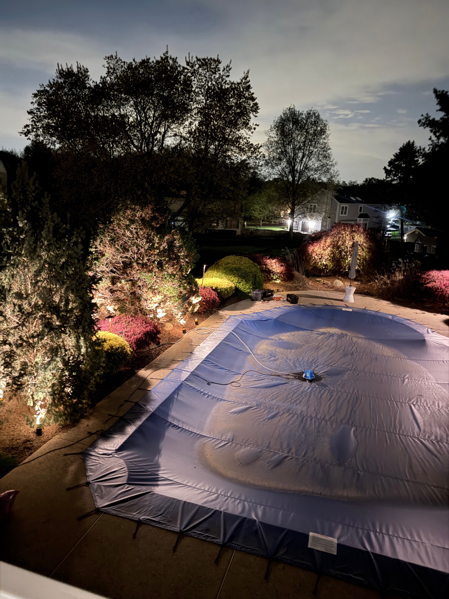 Nighttime outdoor lighting demo used to check placement at a Doylestown home