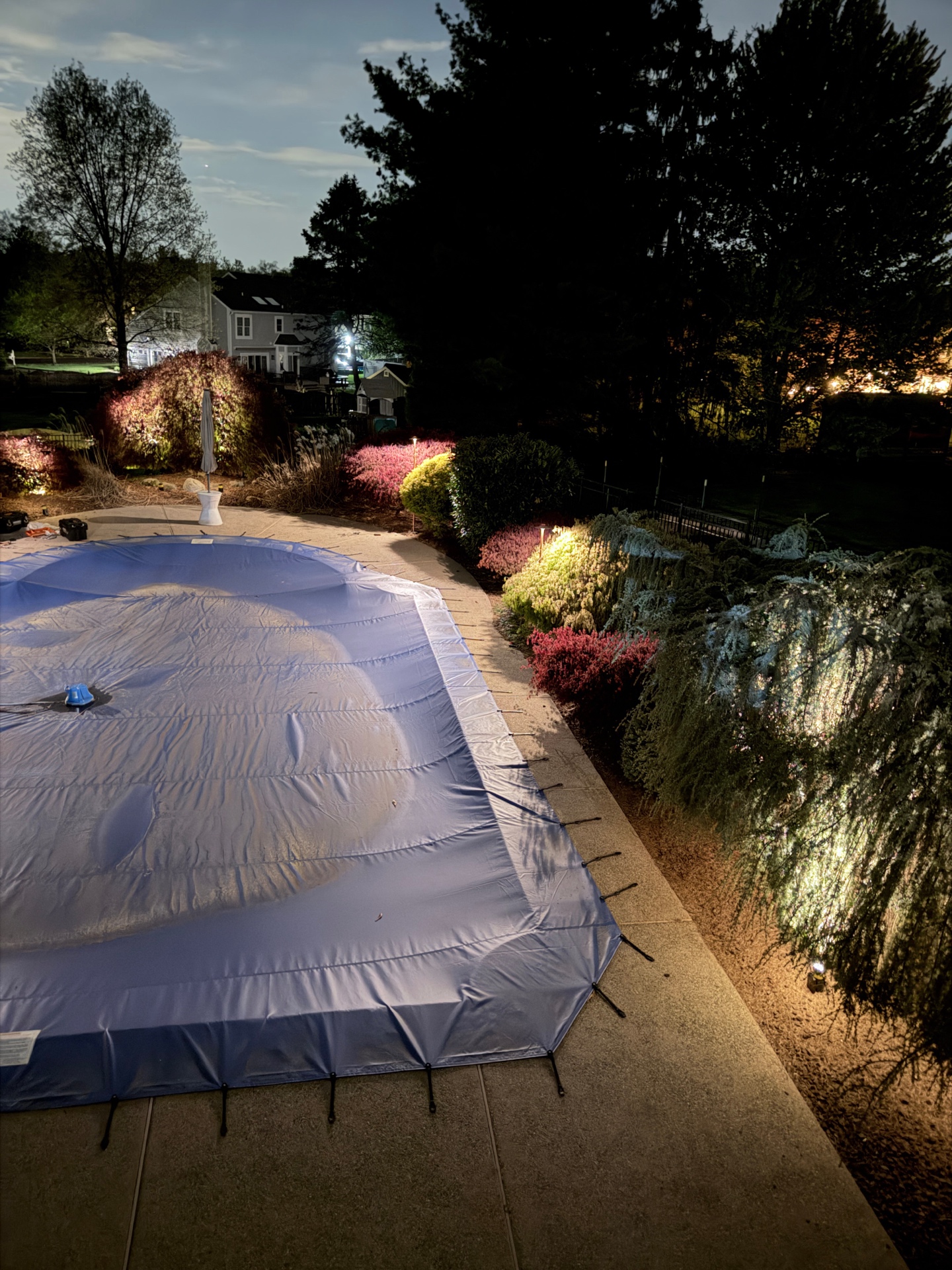 Nighttime landscape lighting demo at a Doylestown home