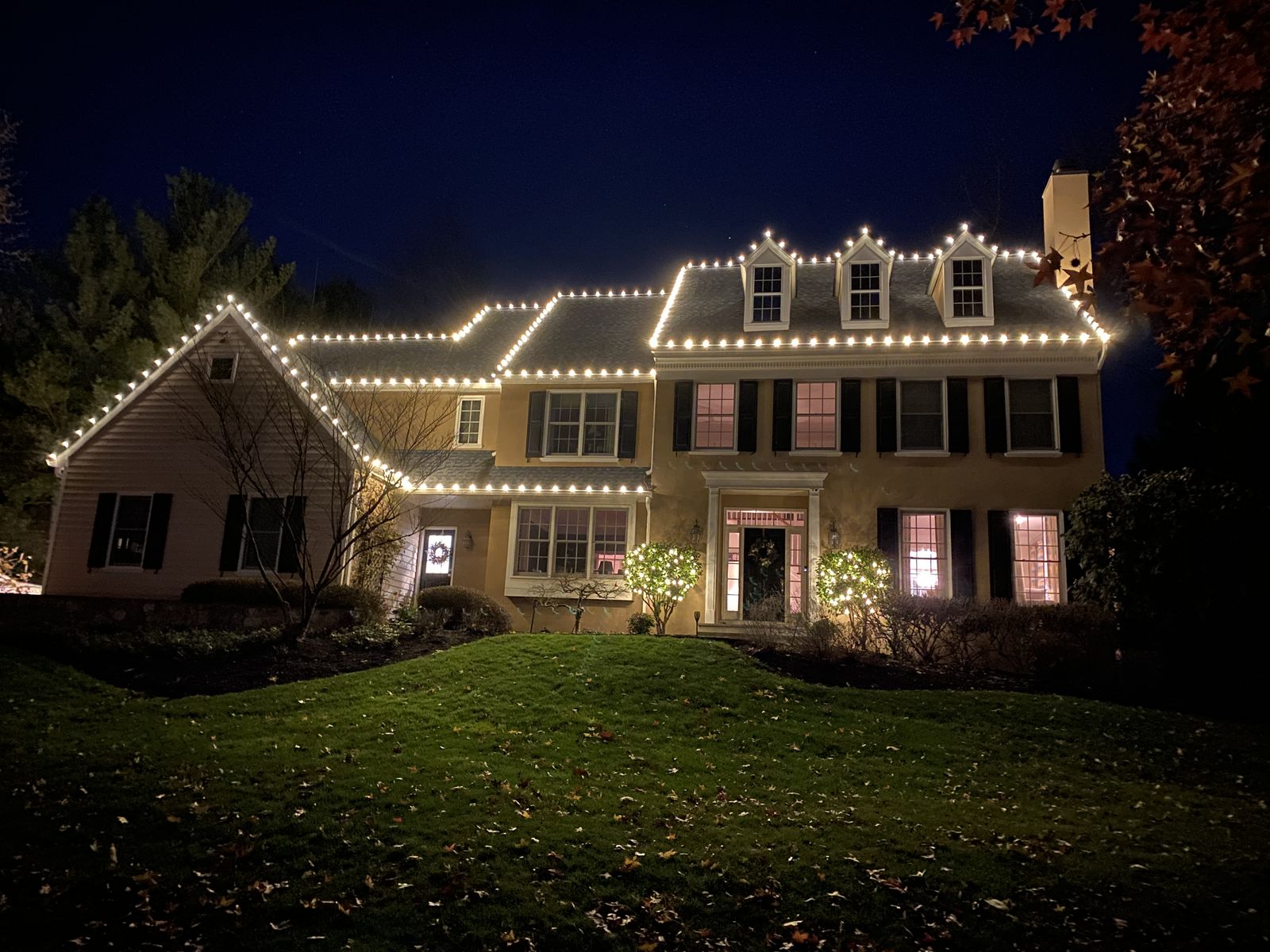 Christmas light display with warm white theme
