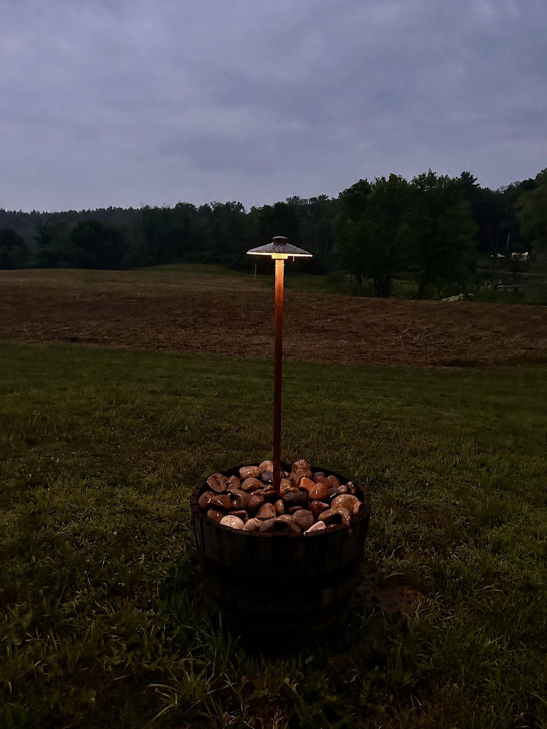 Front-yard lighting on a home with mature landscaping