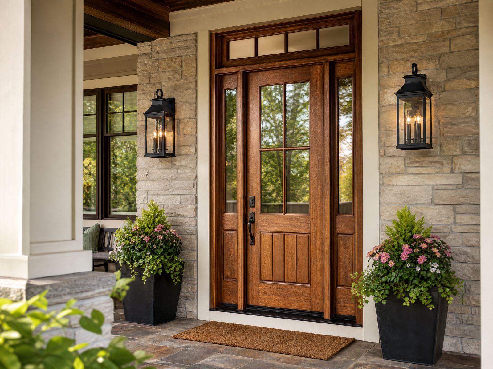 Craftsman-style sconce on a front porch in daylight